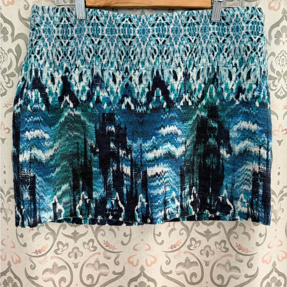 Blue Patterned Knit Mini Skirt